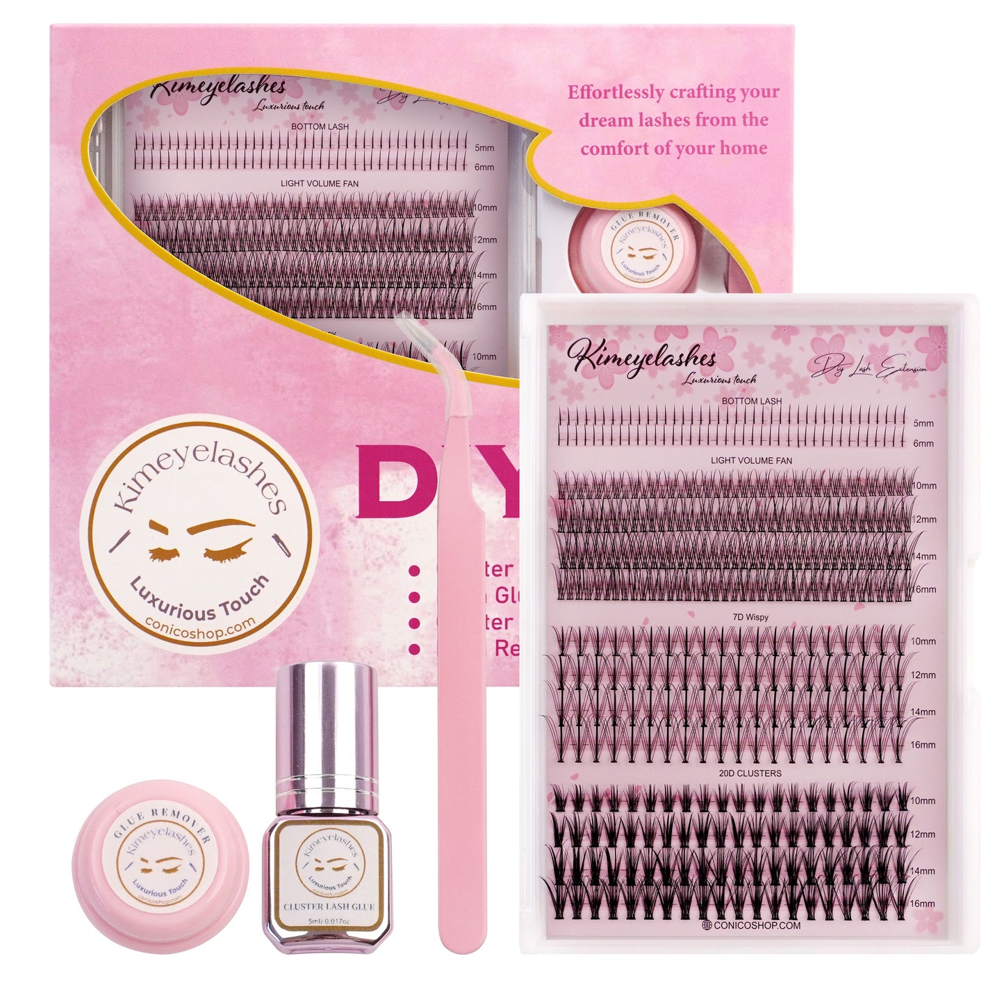 DIY Lash Extensions Kit Eyelash For Beginner Wispy Natural False Eyelashes Eyelash Clusters Tweezers, Bond Seal Glue Remover Reusable lashes