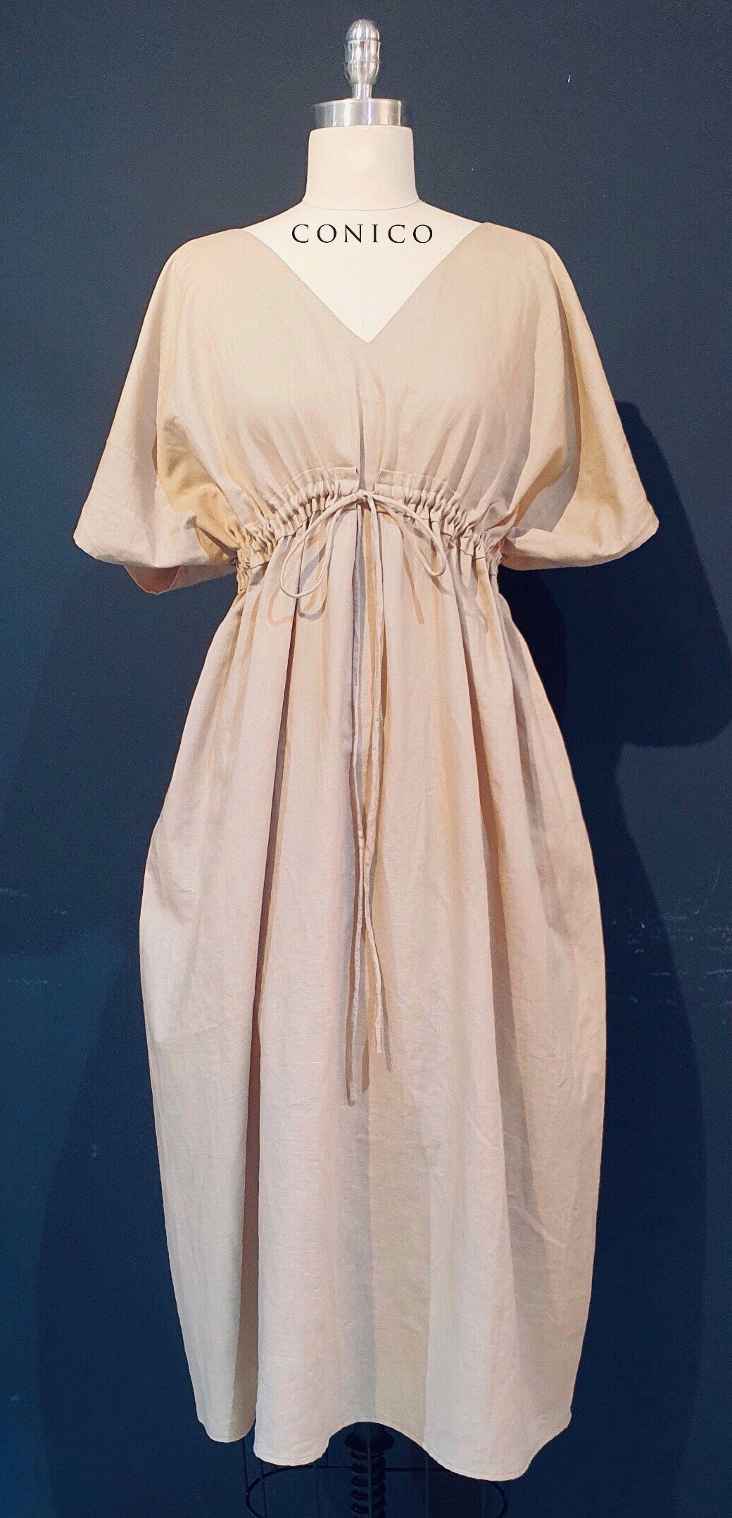 Linen dress with belt, Women Long maxi dress, Party dress, Beach cream