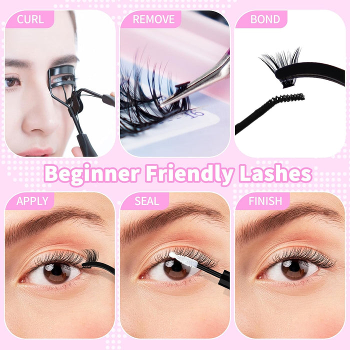 DIY Lash Extensions Kit Eyelash For Beginner Wispy Natural False Eyelashes Eyelash Clusters Tweezers, Bond Seal Glue Remover Reusable lashes