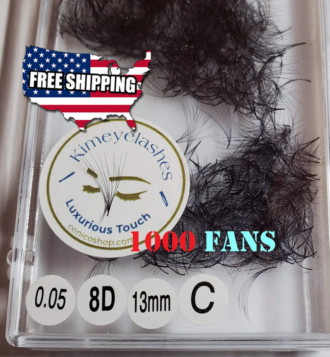 8D 0.05, C and D Curl 1000 Premade Mega Volume Fans. Handmade Perfect eyelash extensions crafted. Russian volume, American Volume