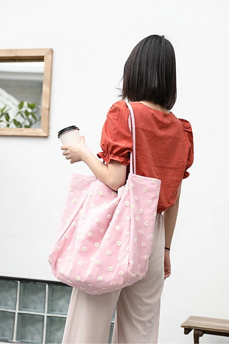 Pink Daisy embroidered canvas bag simple fashion large capacity tote shoulder bags, beach bag, shopping bag, overnight bag, day bag, change bag