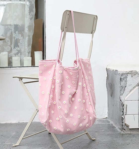 Pink Daisy embroidered canvas bag simple fashion large capacity tote shoulder bags, beach bag, shopping bag, overnight bag, day bag, change bag