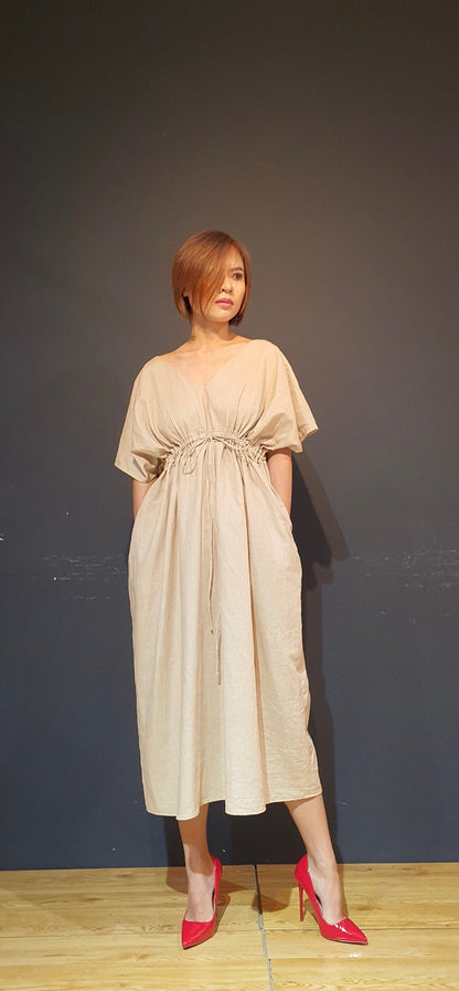 Linen dress with belt, Women Long maxi dress, Party dress, Beach cream